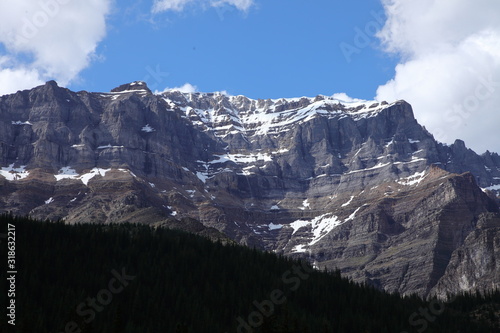 Rocky Mountains landscape with snowy summits, pine trees forests in Canada, British Columbia, West coast