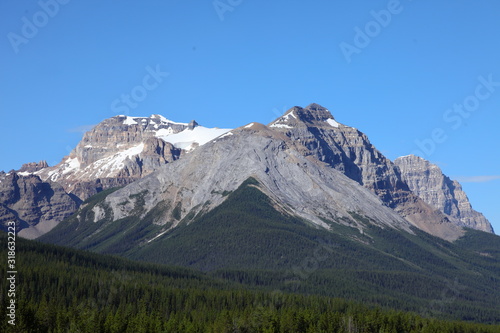 Rocky Mountains landscape with snowy summits, pine trees forests in Canada, British Columbia, West coast