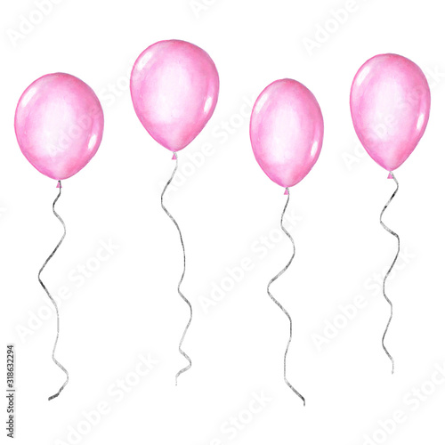 Set of pink watercolor balloons isolated on white background