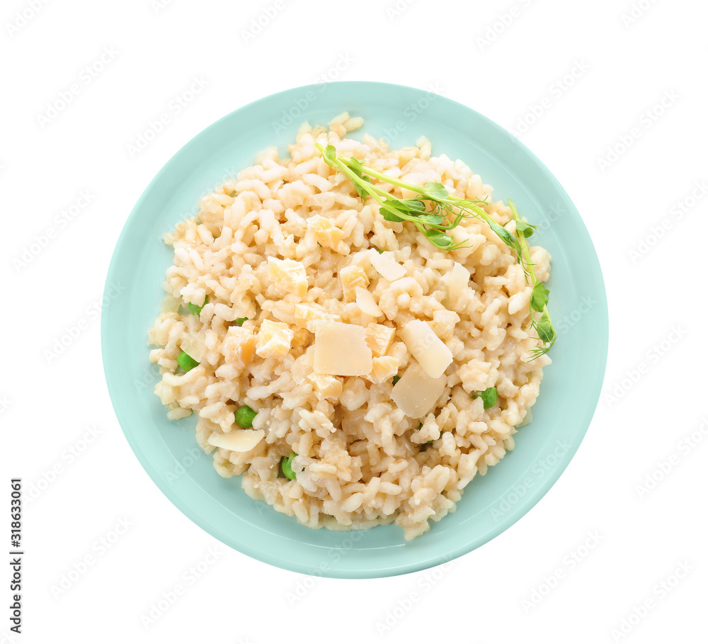 Delicious risotto with cheese isolated on white, top view Delicious risotto with cheese isolated on white, top view