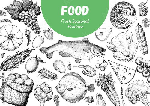 Food frame sketch. Vector illustration. Vegetables, fruits, meat hand drawn. Organic food set. Good nutrition pattern. Hand drawn food design elements.