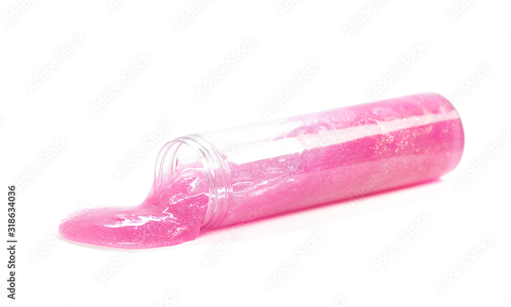 Pink slime in a jar. Close up. Isolated on a white background Pink slime in a jar. Close up. Isolated on a white background