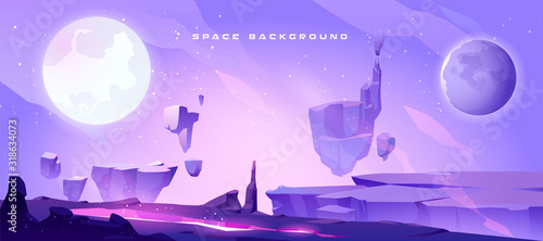 Space background with landscape of alien planet with craters and lighted crack. Vector cartoon fantasy illustration of purple galaxy sky with moon and ground surface with rocks