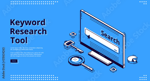 Keyword research tool isometric landing page. Key, magnifying glass and pie chart randomly lying around computer monitor. Seo optimization, analysis service 3d vector illustration, web banner line art
