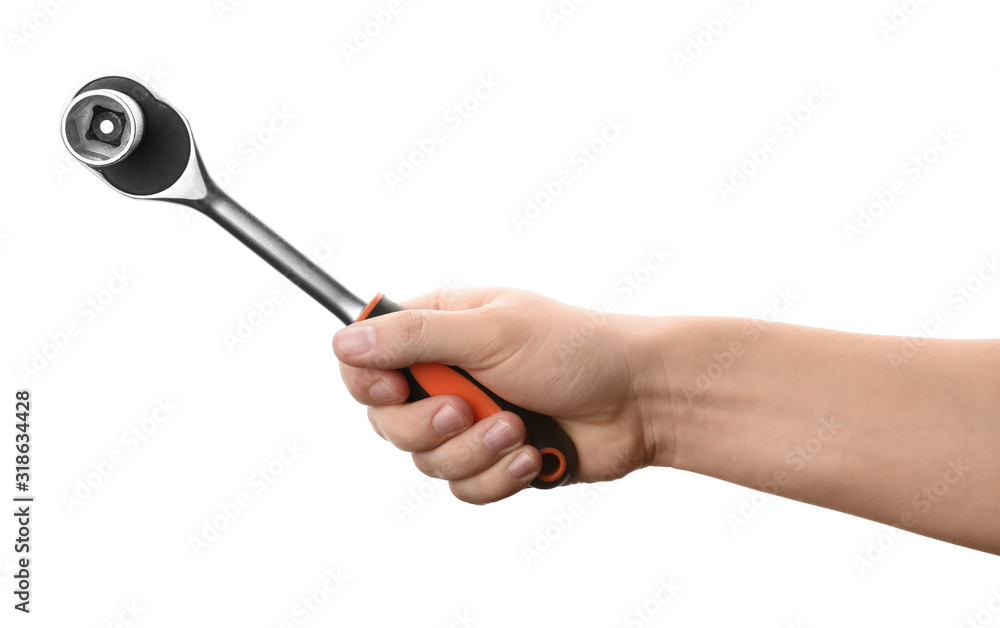 Auto mechanic holding socket wrench isolated on white, closeup Auto mechanic holding socket wrench isolated on white, closeup