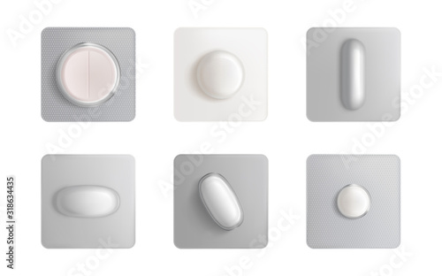 Pills blister pack set, medicine tablets and capsules mock up isolated on white background. Painkiller remedy package design elements for advertising medical Realistic 3d vector illustration, clip art