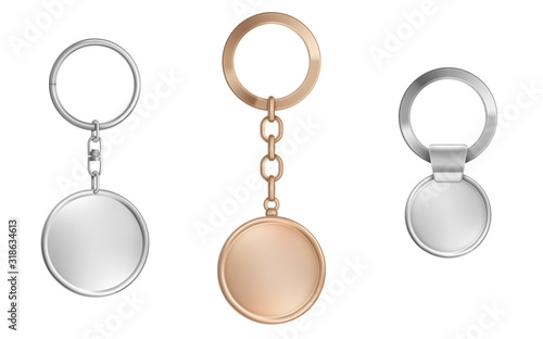 Keychains set. Metal round keyring holders isolated on white background. Gold, chrome, silver or steel colored accessories or souvenir trinket mockup. Realistic 3d vector illustration, icon, clip art