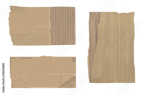 Torn cardboard paper set. Brown ragged ripped sheets pieces with corrugated texture isolated on white background, edge blank mock up for ads design. Realistic 3d vector illustration, icon, clip art
