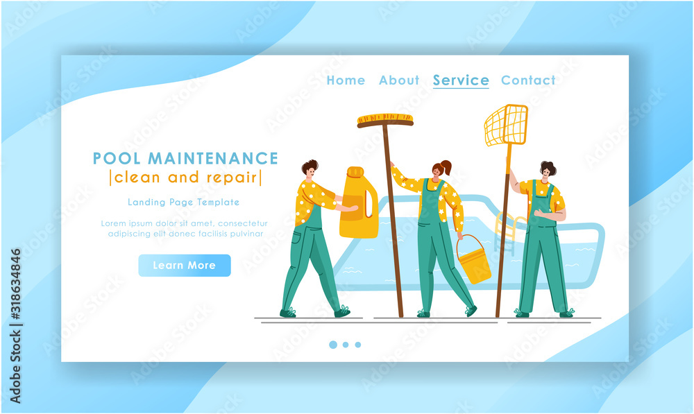 Landing page - Pool maintenance or cleaning service, group of miniature people in uniform, cleaning products for swimming pool, workers with equipment - test water, net, broom, flat vector for website