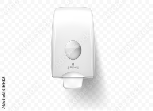 Dispenser for liquid soap, realistic vector. White equipment for public toilets, hygiene care and clean hands, soap pump isolated on transparent
