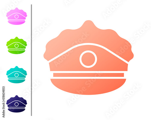 Coral Police cap with cockade icon isolated on white background. Police hat sign. Set color icons. Vector Illustration
