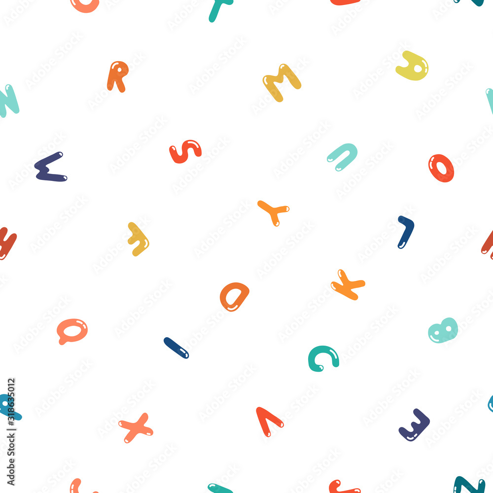 Childish seamless white pattern with colorful doodle letters. Cute repeatable alphabet background Childish seamless white pattern with colorful doodle letters. Cute repeatable alphabet background
