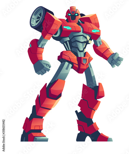 Red robot transformer, cartoon vector illustration. Powerful robot trasformed from car, fantasy space alien, toy super hero isolated on white background