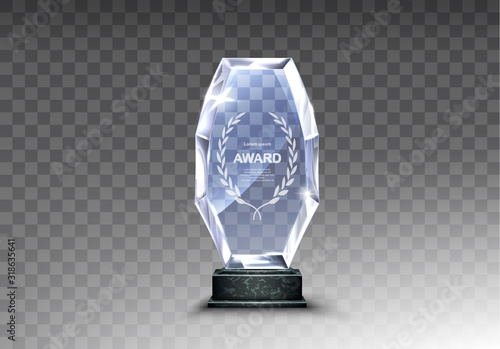 Glass award trophy or winner prize realistic vector illustration. Transparent crystal plate or acrylic diamond frame with laurel wreath on black marble pedestal, isolared front view with light shadow