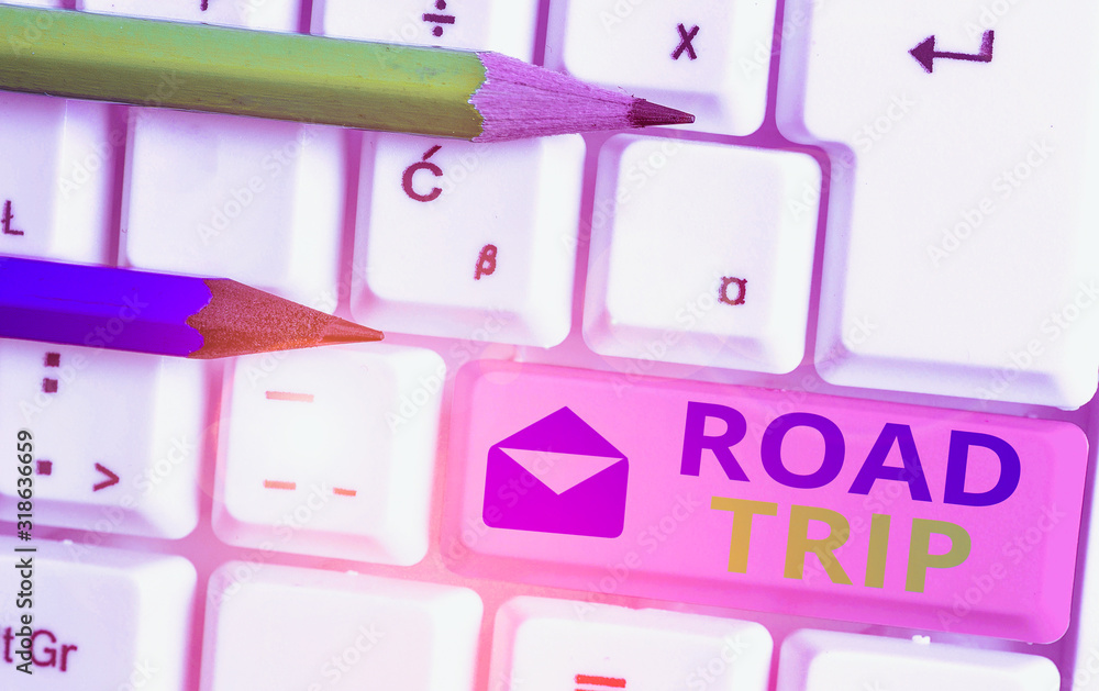 Conceptual hand writing showing Road Trip. Concept meaning long distance journey on the road traveled by automobile Conceptual hand writing showing Road Trip. Concept meaning long distance journey on the road traveled by automobile