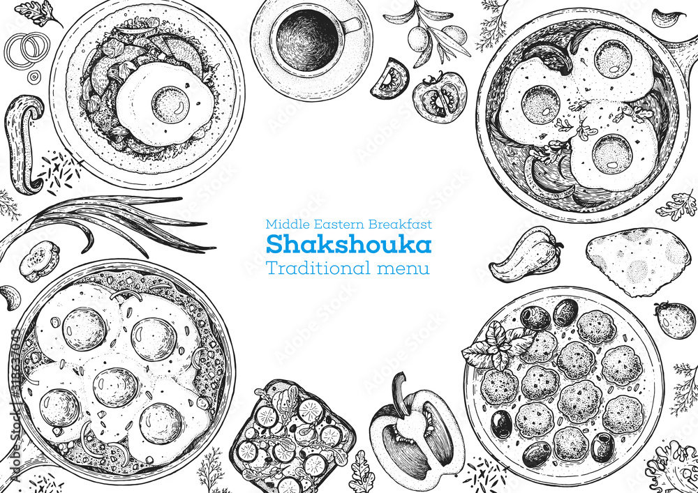 Vecteur Stock Shakshouka cooking and ingredients for shakshouka, sketch