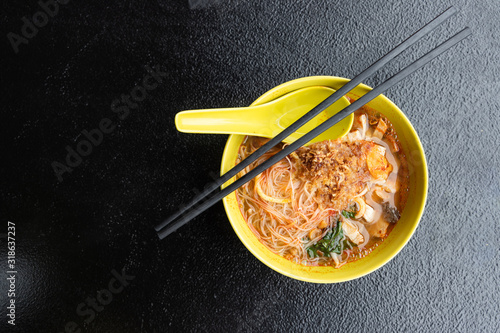 Overhead view of Penang prawn mee, popular noodle in Malaysia