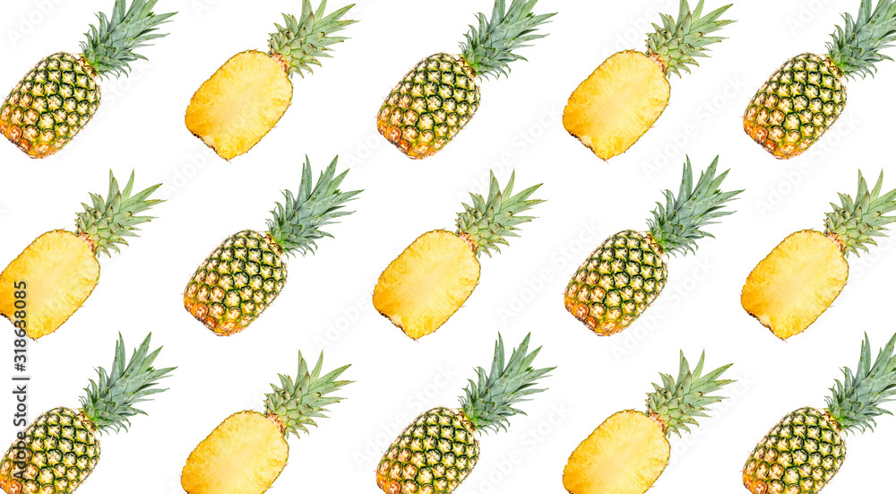 Creative background of fruit whole and slice pineapples isolated on white. Clipping Path. Creative background of fruit whole and slice pineapples isolated on white. Clipping Path.