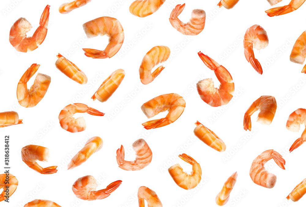 Set of delicious freshly cooked shrimps on white background Set of delicious freshly cooked shrimps on white background