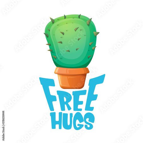 Free hugs text and cartoon green cactus in pot white on violet background. funny houseplant icon with quote or slogan for print on tee. International free hugs day concept