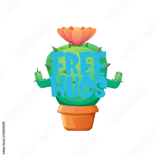 Free hugs text and cartoon green cactus in pot white on violet background. funny houseplant icon with quote or slogan for print on tee. International free hugs day concept