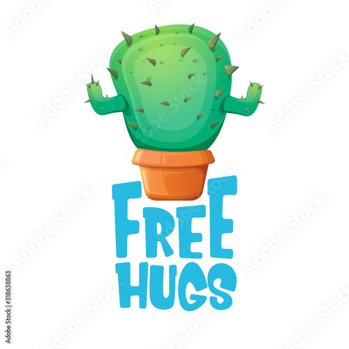 Free hugs text and cartoon green cactus in pot white on violet background. funny houseplant icon with quote or slogan for print on tee. International free hugs day concept
