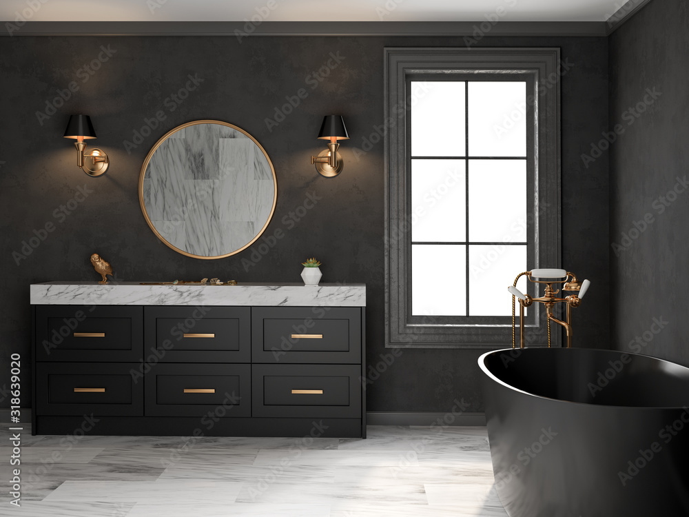 Interior black bathroom classic style 3D rendering - obrazy, fototapety, plakaty 