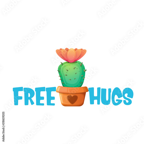 Free hugs text and cartoon green cactus in pot white on violet background. funny houseplant icon with quote or slogan for print on tee. International free hugs day concept
