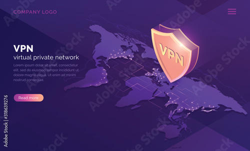 VPN, virtual private network isometric landing page. Data encryption, IP substitute, secure connection concept. Cyber security and privacy, personal info protection 3d vector illustration, web banner