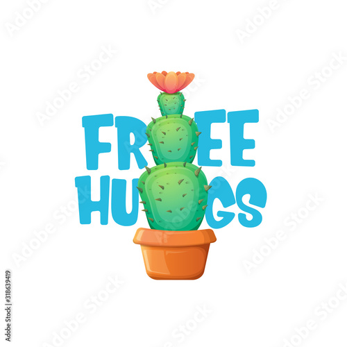 Free hugs text and cartoon green cactus in pot white on violet background. funny houseplant icon with quote or slogan for print on tee. International free hugs day concept