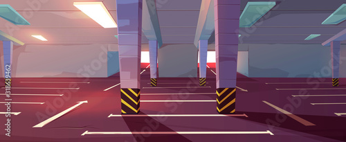 Underground car parking. Empty basement garage with columns, road marking lots for automobiles and guiding arrows in corridor. Vector cartoon interior of parking in mall or city house