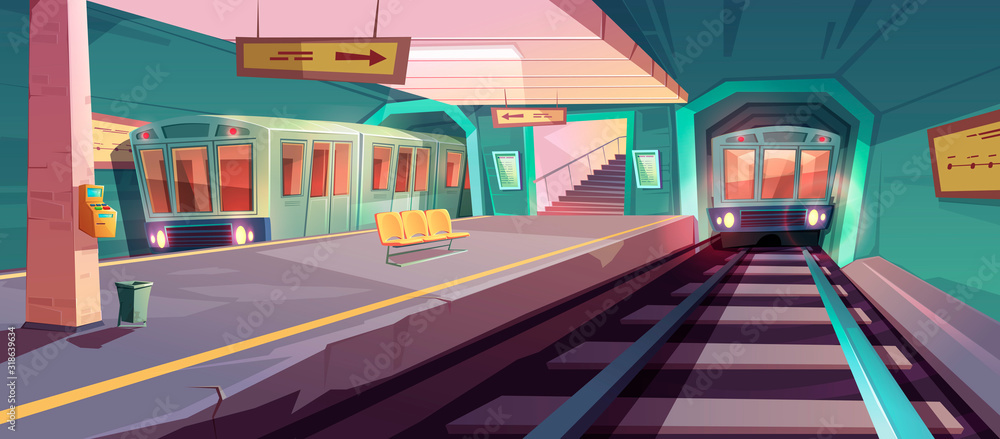 Metro station, arriving train to empty subway platform from underground tunnel. Vector cartoon illustration of subway interior with ticket vending machine, seats, map and stairs Metro station, arriving train to empty subway platform from underground tunnel. Vector cartoon illustration of subway interior with ticket vending machine, seats, map and stairs