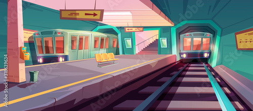 Metro station, arriving train to empty subway platform from underground tunnel. Vector cartoon illustration of subway interior with ticket vending machine, seats, map and stairs