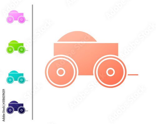 Coral Wooden four-wheel cart with hay icon isolated on white background. Set color icons. Vector Illustration
