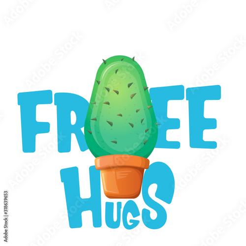 Free hugs text and cartoon green cactus in pot white on violet background. funny houseplant icon with quote or slogan for print on tee. International free hugs day concept
