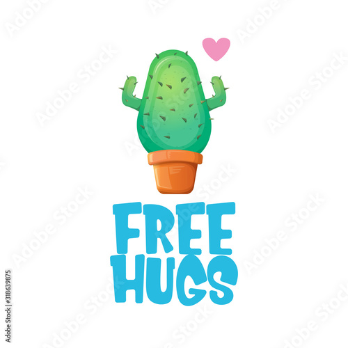 Free hugs text and cartoon green cactus in pot white on violet background. funny houseplant icon with quote or slogan for print on tee. International free hugs day concept