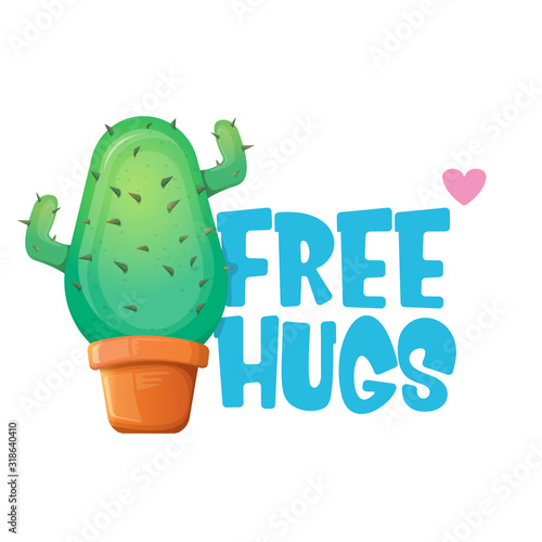 Free hugs text and cartoon green cactus in pot white on violet background. funny houseplant icon with quote or slogan for print on tee. International free hugs day concept
