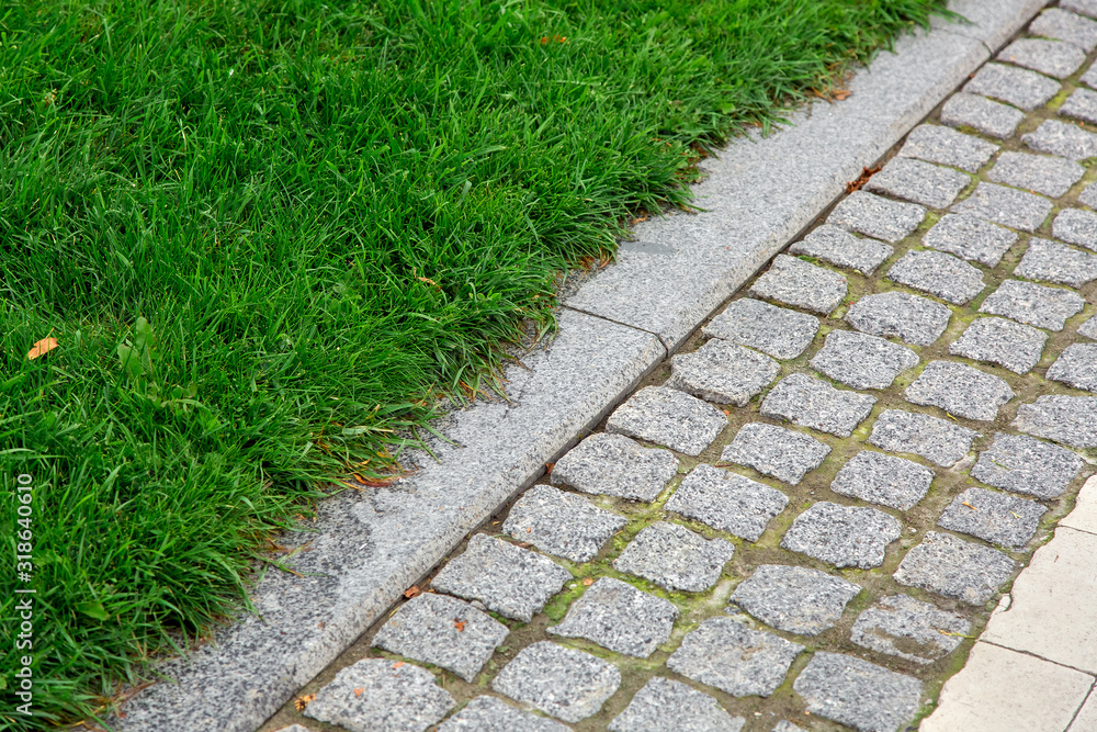 a pedestrian pavement made of stone cobble and granite tiles with a curb near a green lawn in the back yard, close up.