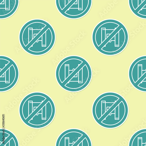 Green Say no to plastic bags poster icon isolated seamless pattern on yellow background. Disposable cellophane and polythene package prohibition sign. Vector Illustration