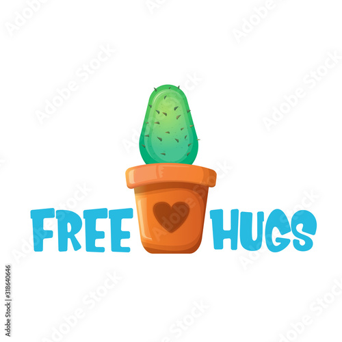 Free hugs text and cartoon green cactus in pot white on violet background. funny houseplant icon with quote or slogan for print on tee. International free hugs day concept