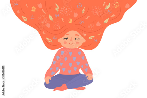 Happy girl meditating in lotus pose with loose ginger hair full of flowers. Hand drawn cute yoga, mindfulness, relax vector illustration isolated on white background.
