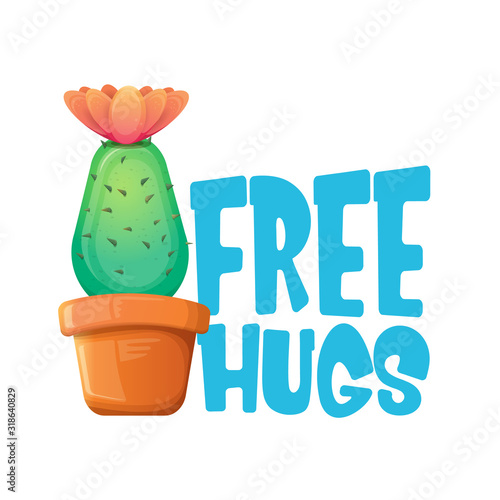 Free hugs text and cartoon green cactus in pot white on violet background. funny houseplant icon with quote or slogan for print on tee. International free hugs day concept