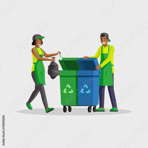 People taking out rubbish flat color illustration. Volunteers sorting waste, putting garbage bag in dustbins for recycling. African american man and woman cleaning isolated cartoon characters