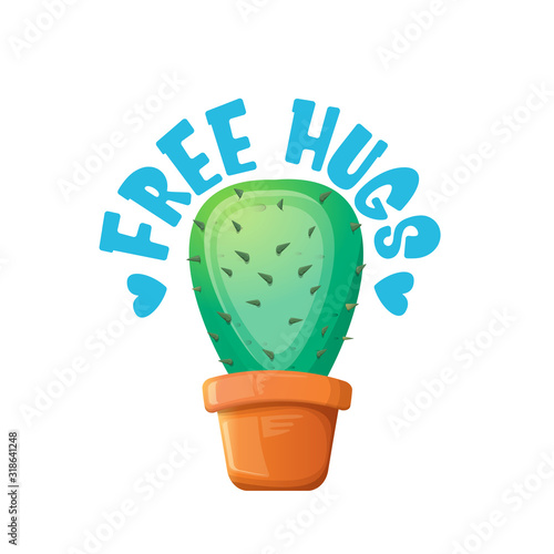 Free hugs text and cartoon green cactus in pot white on violet background. funny houseplant icon with quote or slogan for print on tee. International free hugs day concept