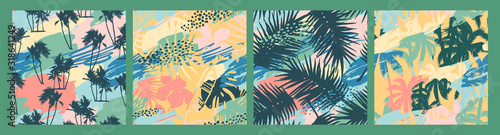 Fototapeta Bezszwowe egzotyczne wzory z tropikalnymi roślinami i artystycznym tłem.