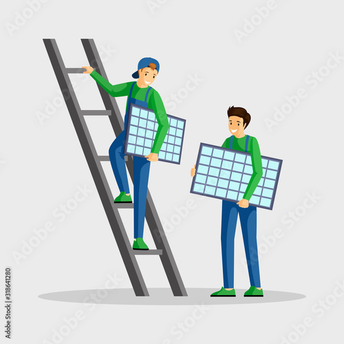 Workers installing solar panels vector illustration. Specialists setting photovoltaic module, engineer on ladder cartoon character. Using alternative energy, renewable power, sustainable lifestyle