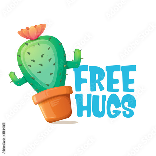 Free hugs text and cartoon green cactus in pot white on violet background. funny houseplant icon with quote or slogan for print on tee. International free hugs day concept