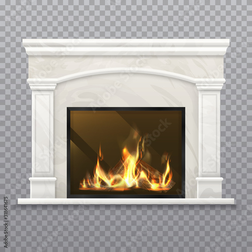 Fototapeta Chimney or vector fireplace with burning wood.
