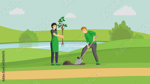 Volunteers couple planting tree color illustration. People gardening in park near river, man digging and woman holding sapling cartoon characters. Activists working outdoors, greening planet together © Pavlo Plakhotia