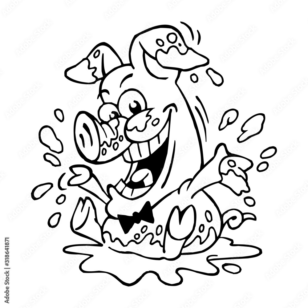 Cute pig with bow tie sitting in mud puddle and splashes, black and